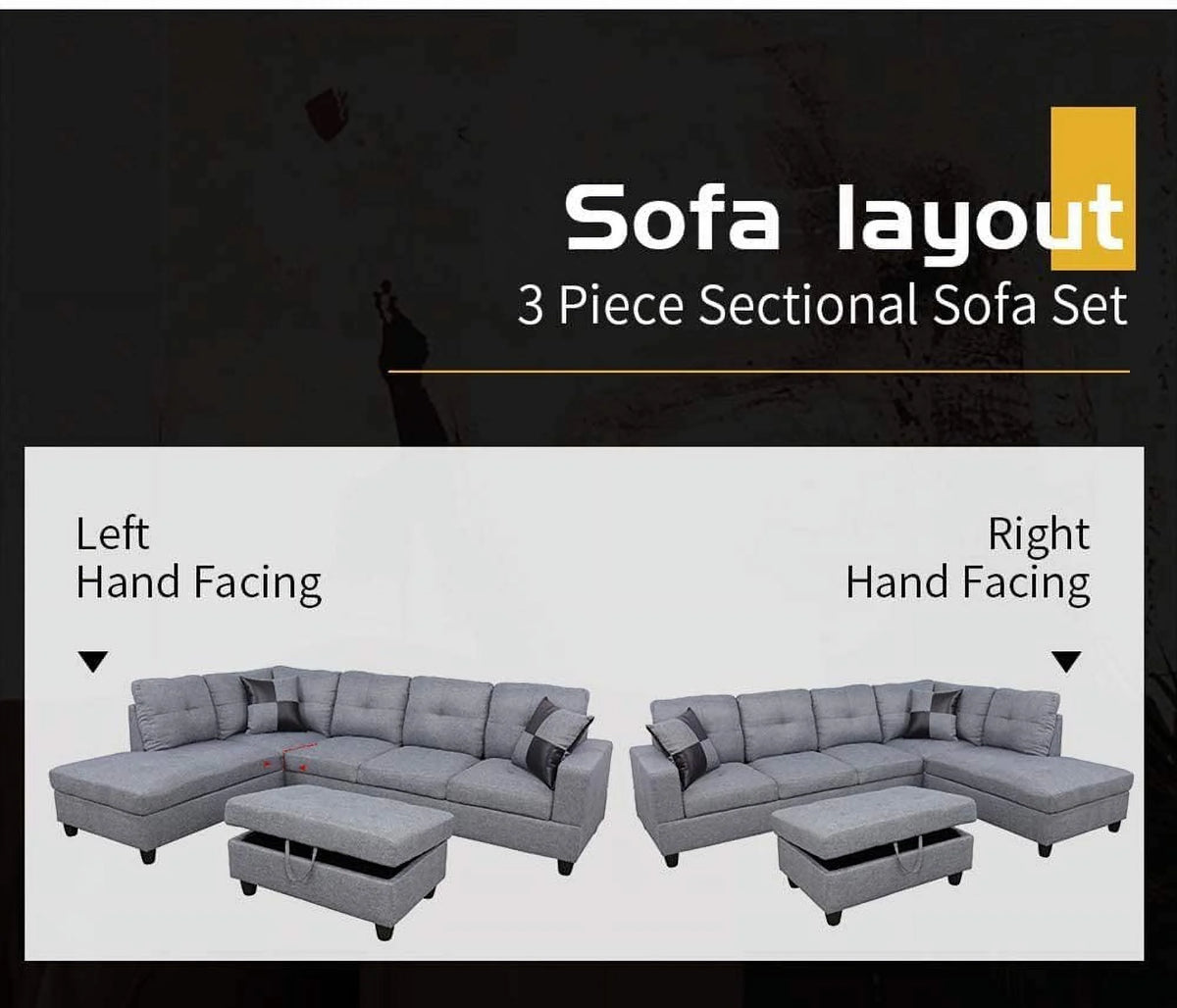 103" Wide Grey Linen Left Hand Facing Sofa & Chaise with Ottoman U82921