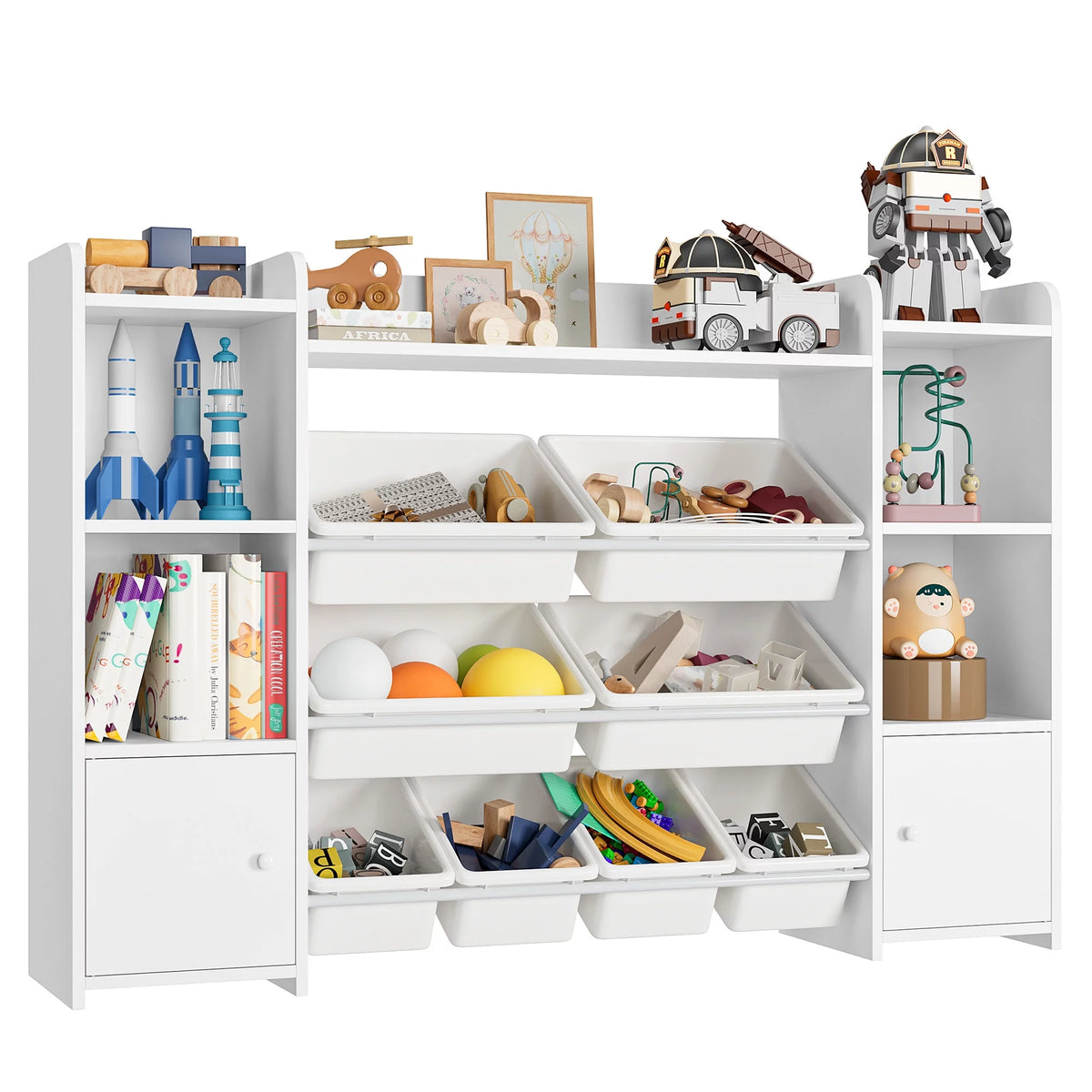 White Toy Storage Organizer Bookcase with 9 Bins M1569