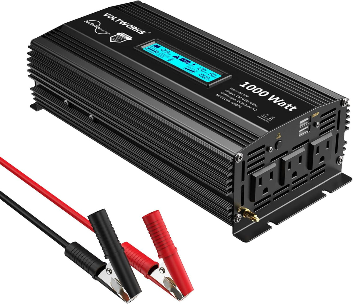 Pure Sine Wave 2000W Car Power Inverter 12V to 120V AC with 2 AC Outlets USB Ports Remote Control LCD Display J447289