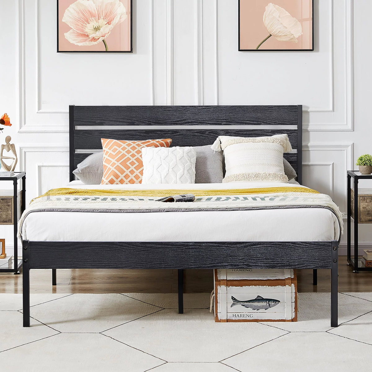 Queen Bed Frame with Wooden Headboard and Metal Slats M2300