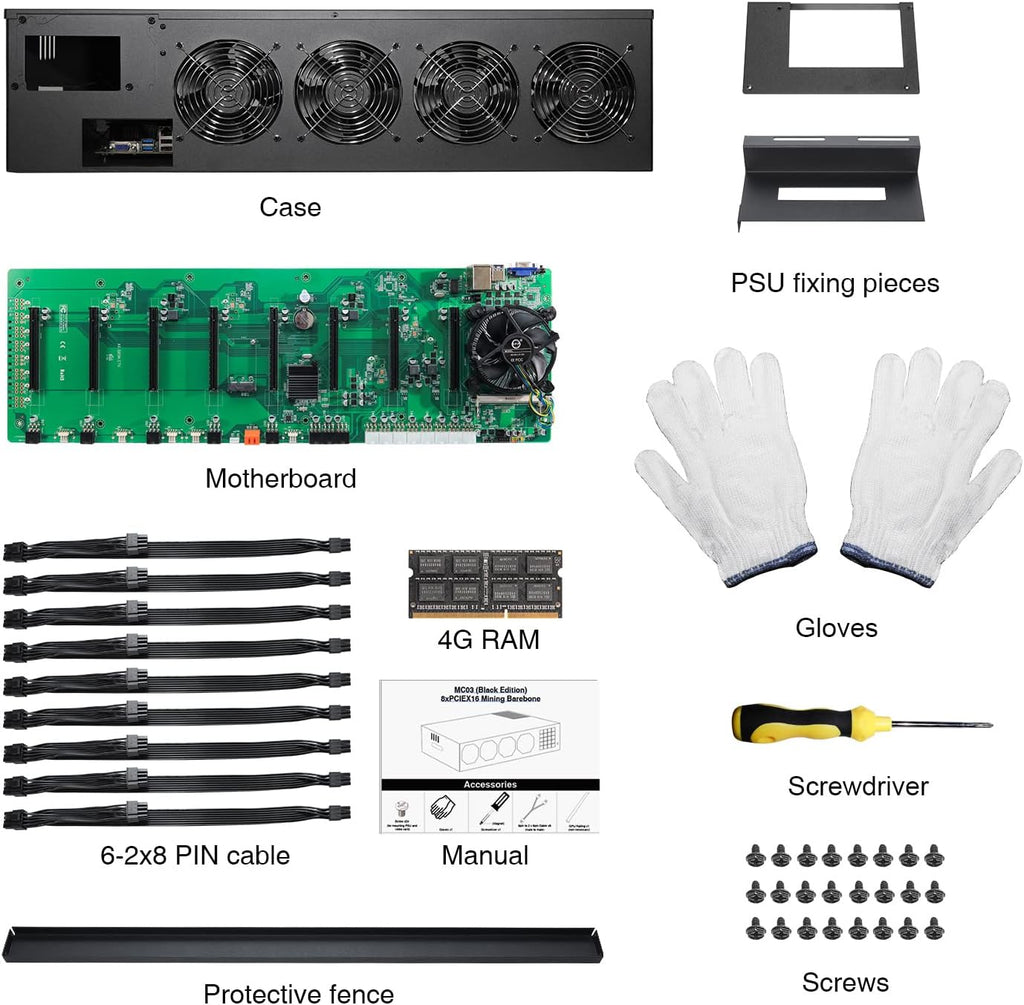 8 Ports GPU Mining Frame Case with 4 Cooling Fans Black U569003