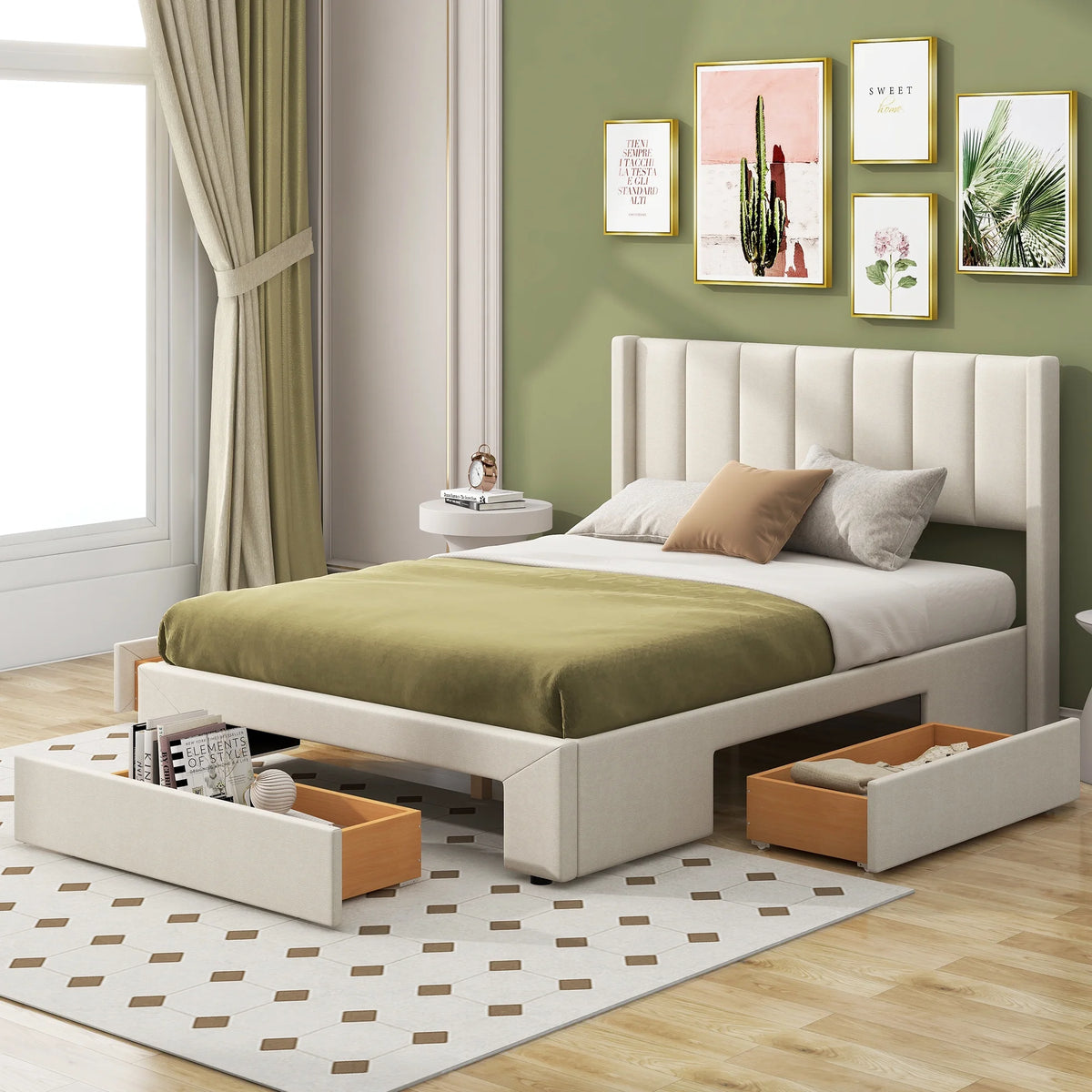 Beige Queen Size Upholstered Platform Bed with 3 Storage Drawers B22169