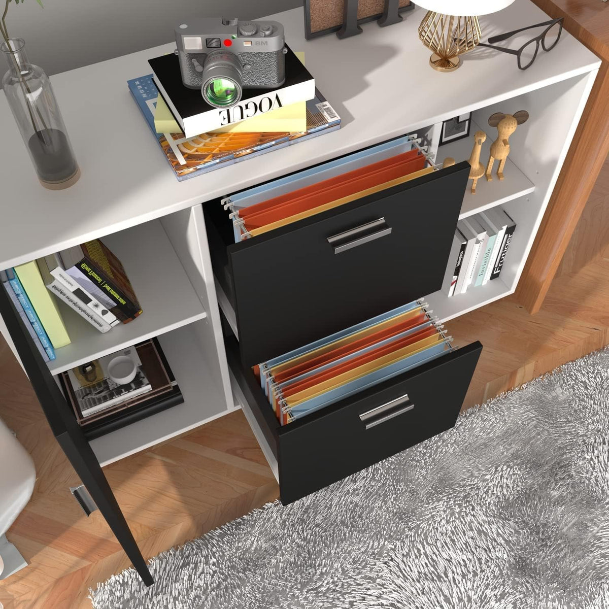 White Black 2 Drawer Mobile File Cabinet with Adjustable Shelf N7662
