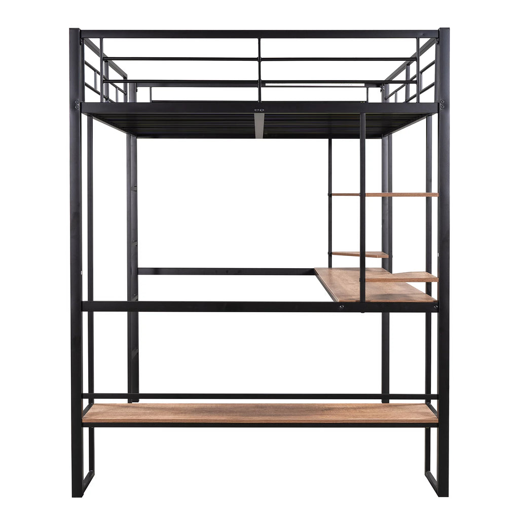Black Full Metal Loft Bed with Desk and Storage Shelves K56481