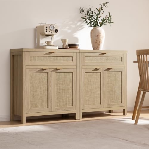 Rattan Storage Cabinet Set of 2 with Doors and Drawer V548
