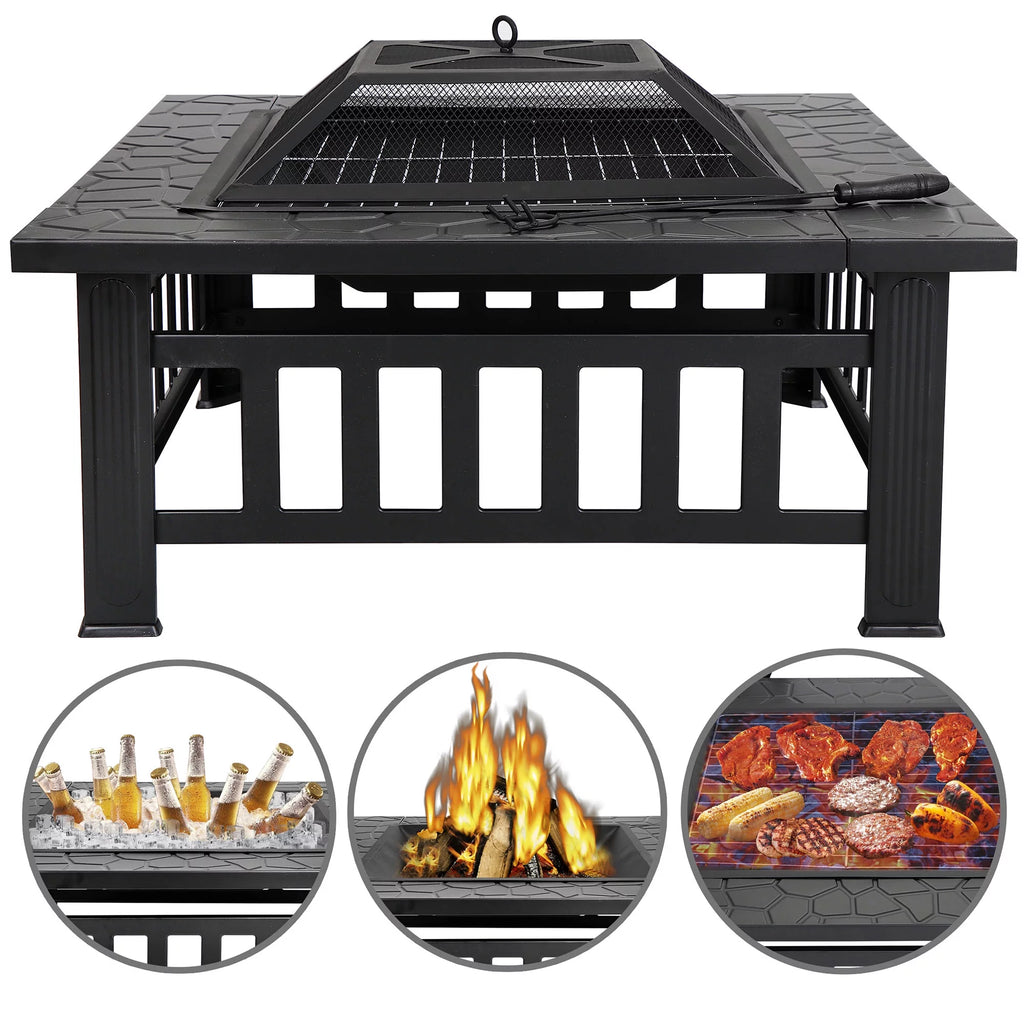 32 Square Wood Black Finish Steel Fire Pit C9693