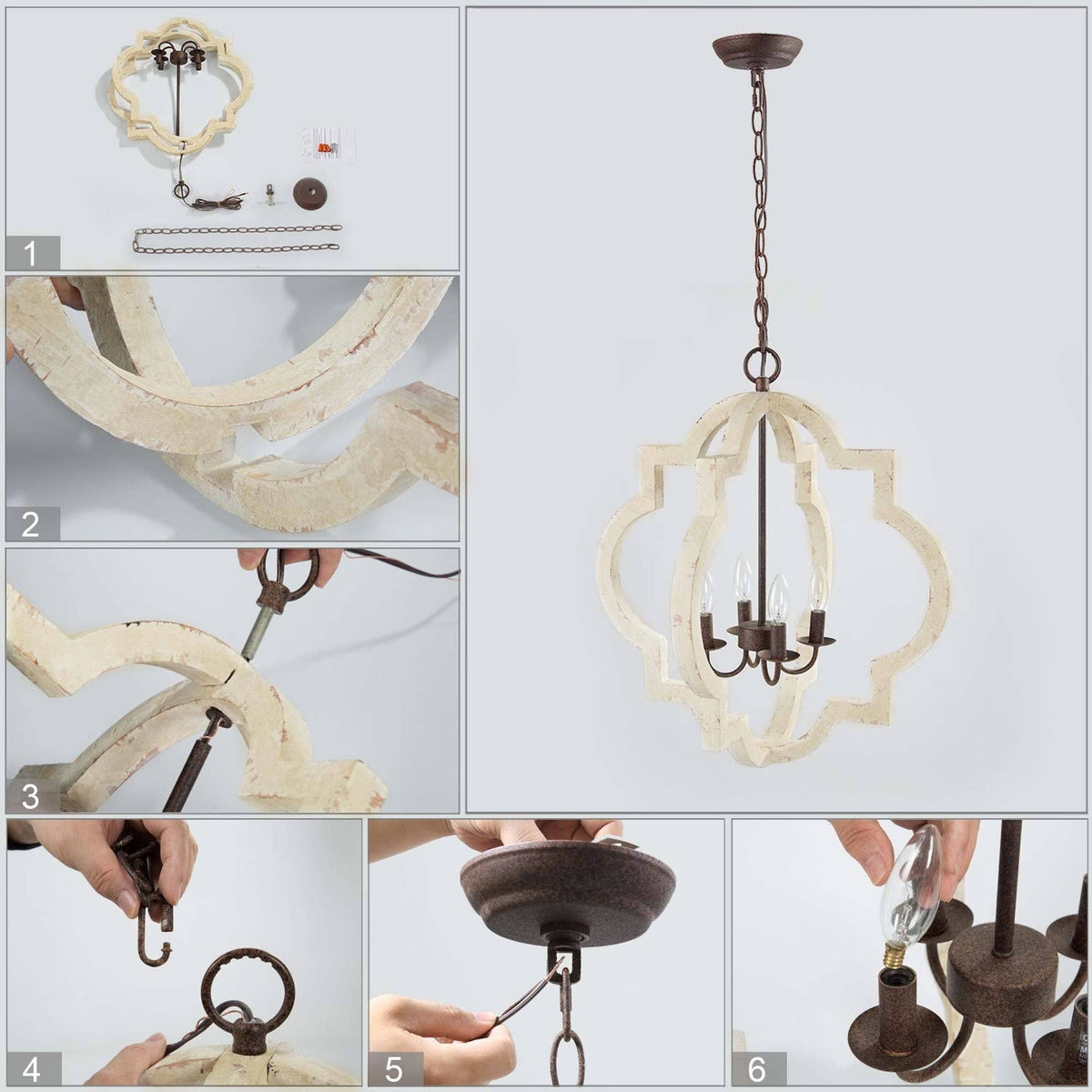 4-Light Weathered White Lantern Candle Chandelier L393