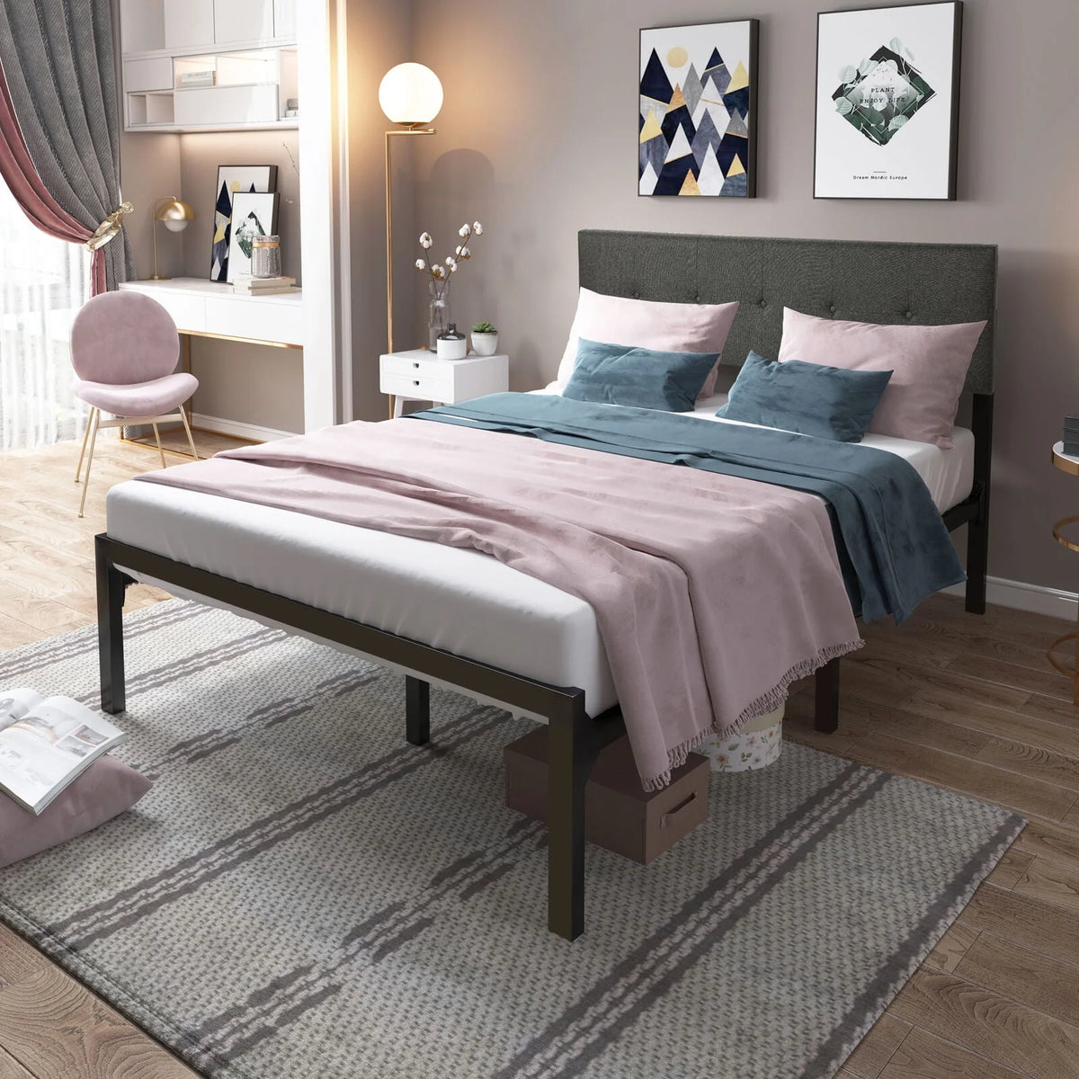 Upholstered Platform Bed Frame with Adjustable Headboard Queen K268