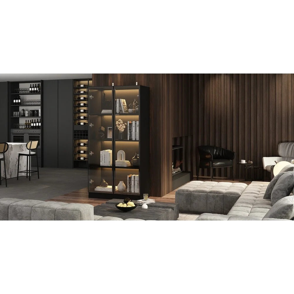 Black Glass Wood Display Cabinet with 4 Shelves A231307