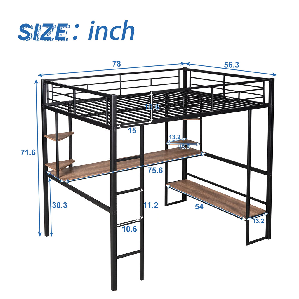Black Full Metal Loft Bed with Desk and Storage Shelves K56481