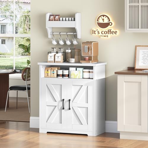 White and Natural Coffee Bar Cabinet with Storage V4707