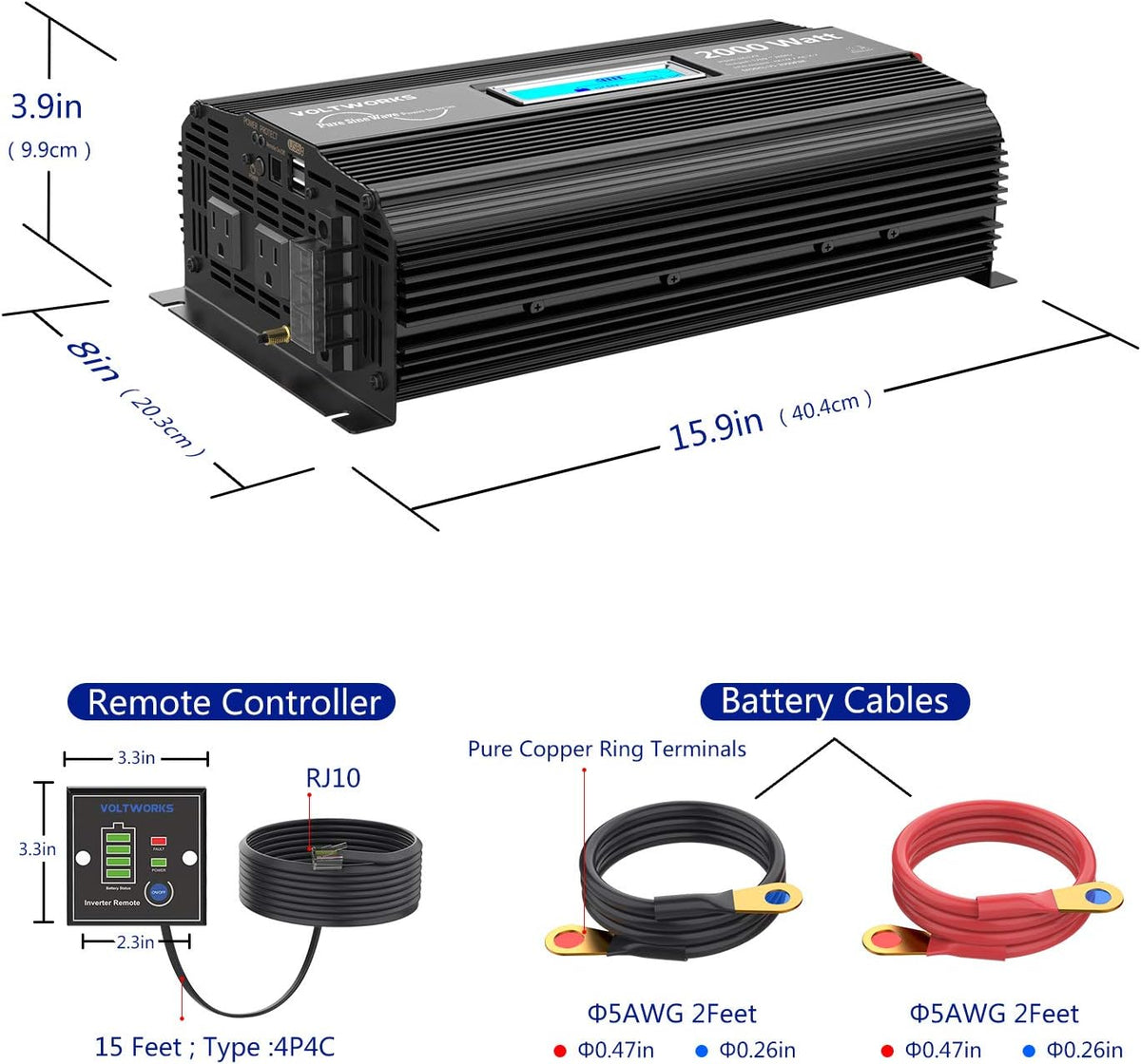 Pure Sine Wave 2000W Car Power Inverter 12V to 120V AC with 2 AC Outlets USB Ports Remote Control LCD Display J447289