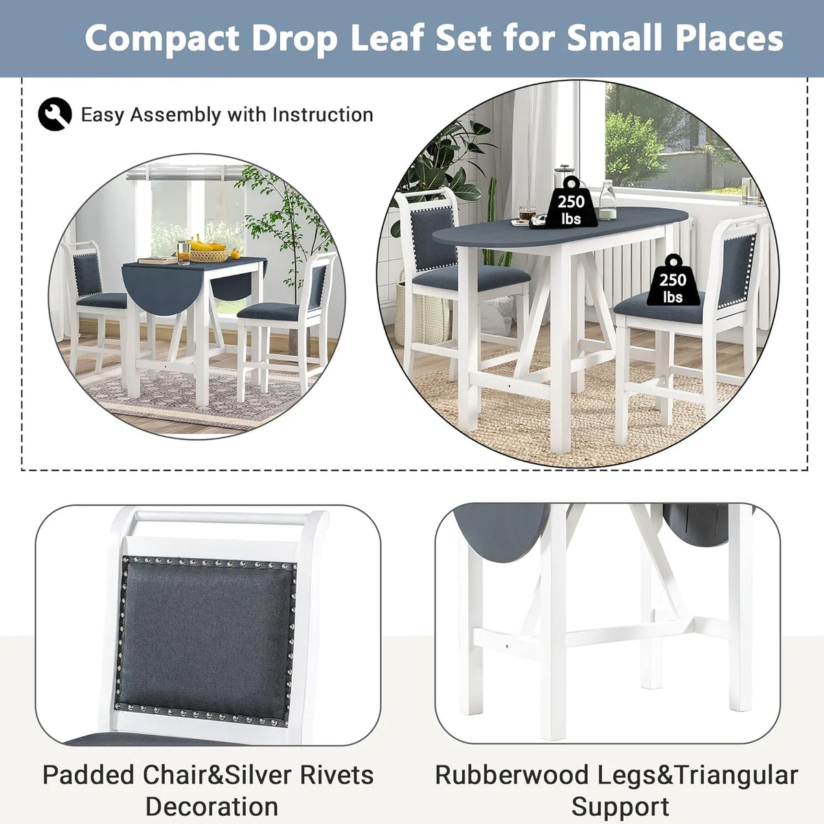 3 Piece Counter Height Drop Leaf Dining Set with 2 Padded Chairs I1091
