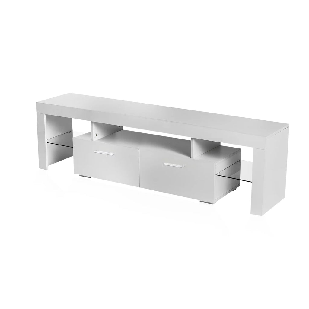 White Solid Wood TV Stand with LED Lights and Storage Drawer U4349