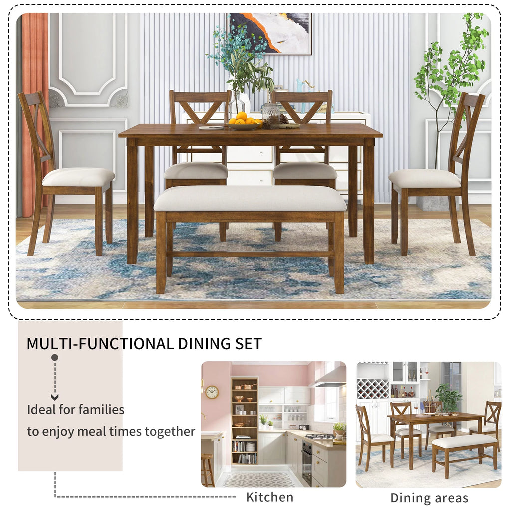 6-Piece Dining Table Set with 4 Upholstered Chairs and Bench E129
