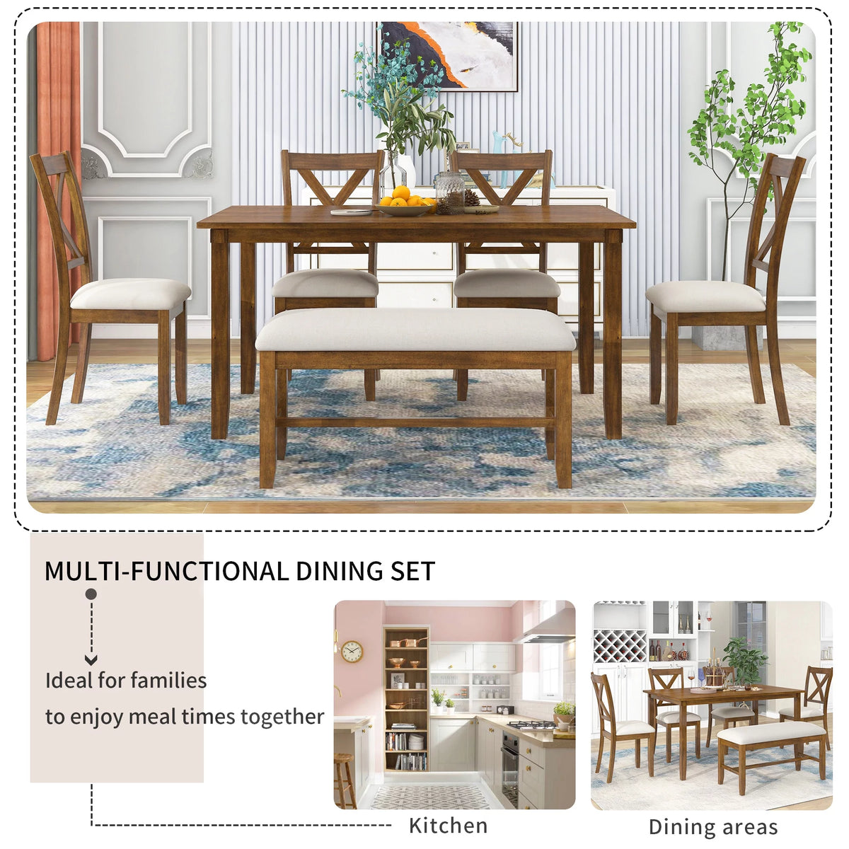 6-Piece Dining Table Set with 4 Upholstered Chairs and Bench E129