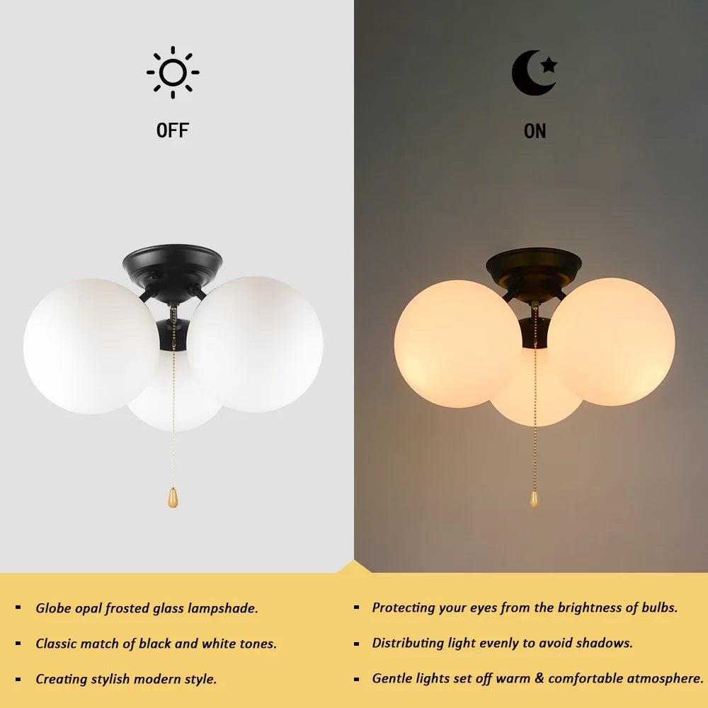 Modern Pull Chain Ceiling Light Fixture with White Glass Shades, Black Metal 3-Light B5294