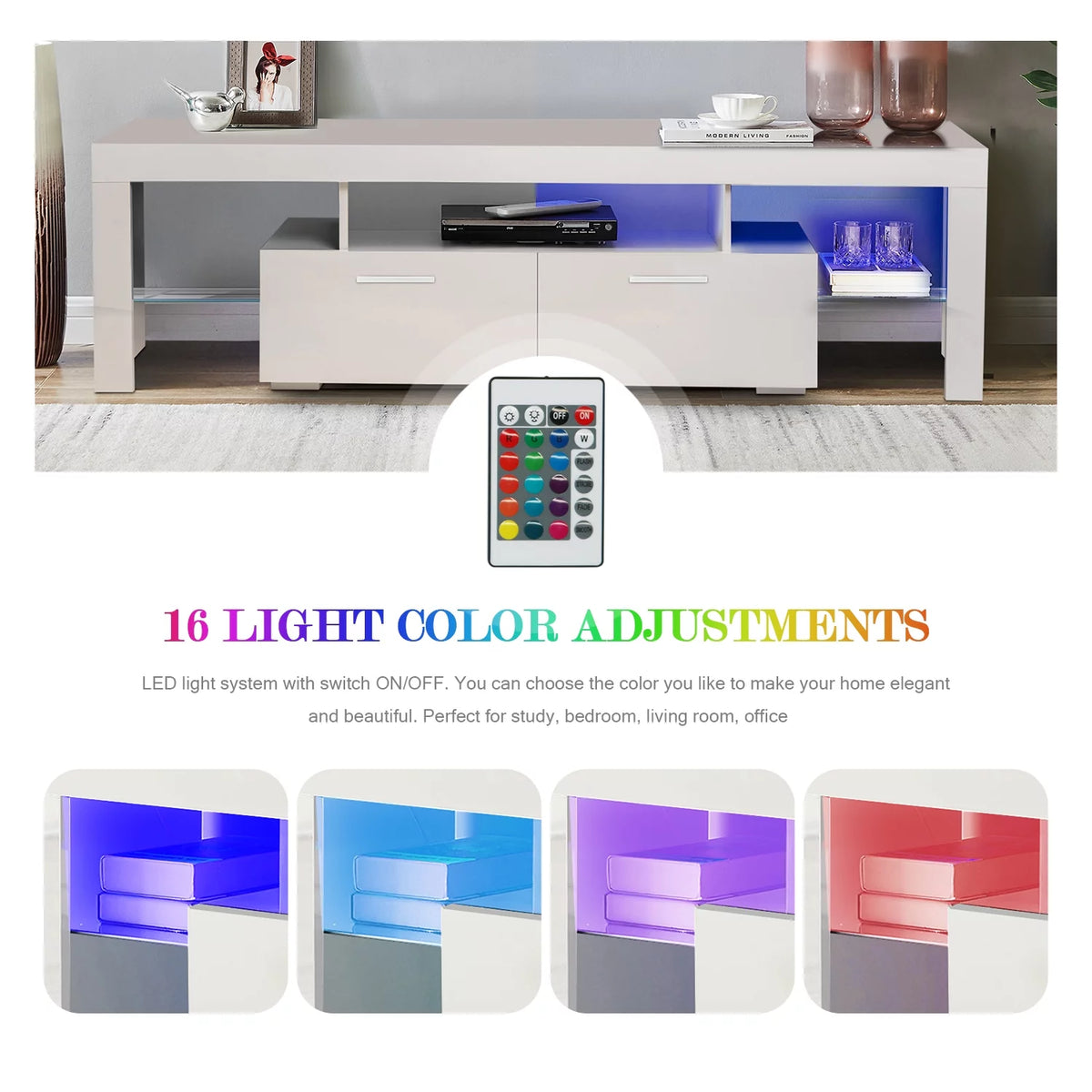 White Solid Wood TV Stand with LED Lights and Storage Drawer U4349