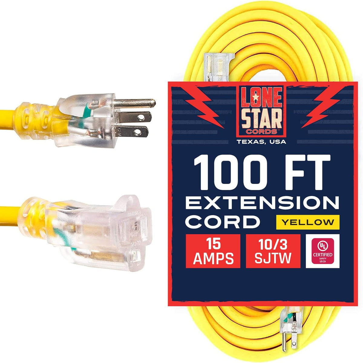 100 Foot 10/3 SJTW Lighted Extension Cord Yellow 3 Prong Grounded Plug 10 Gauge Pack of 2 H9379