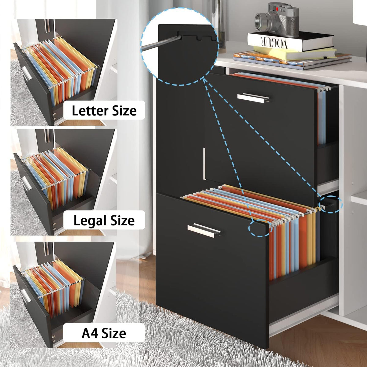 White Black 2 Drawer Mobile File Cabinet with Adjustable Shelf N7662