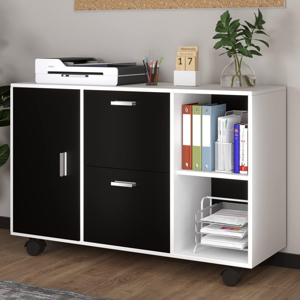 White Black 2 Drawer Mobile File Cabinet with Adjustable Shelf N7662