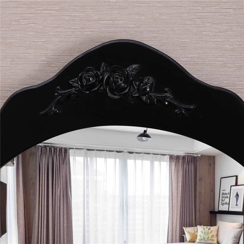 Black Trifold Mirror Vanity Table Set with Cushioned Stool 4 Drawer F359203