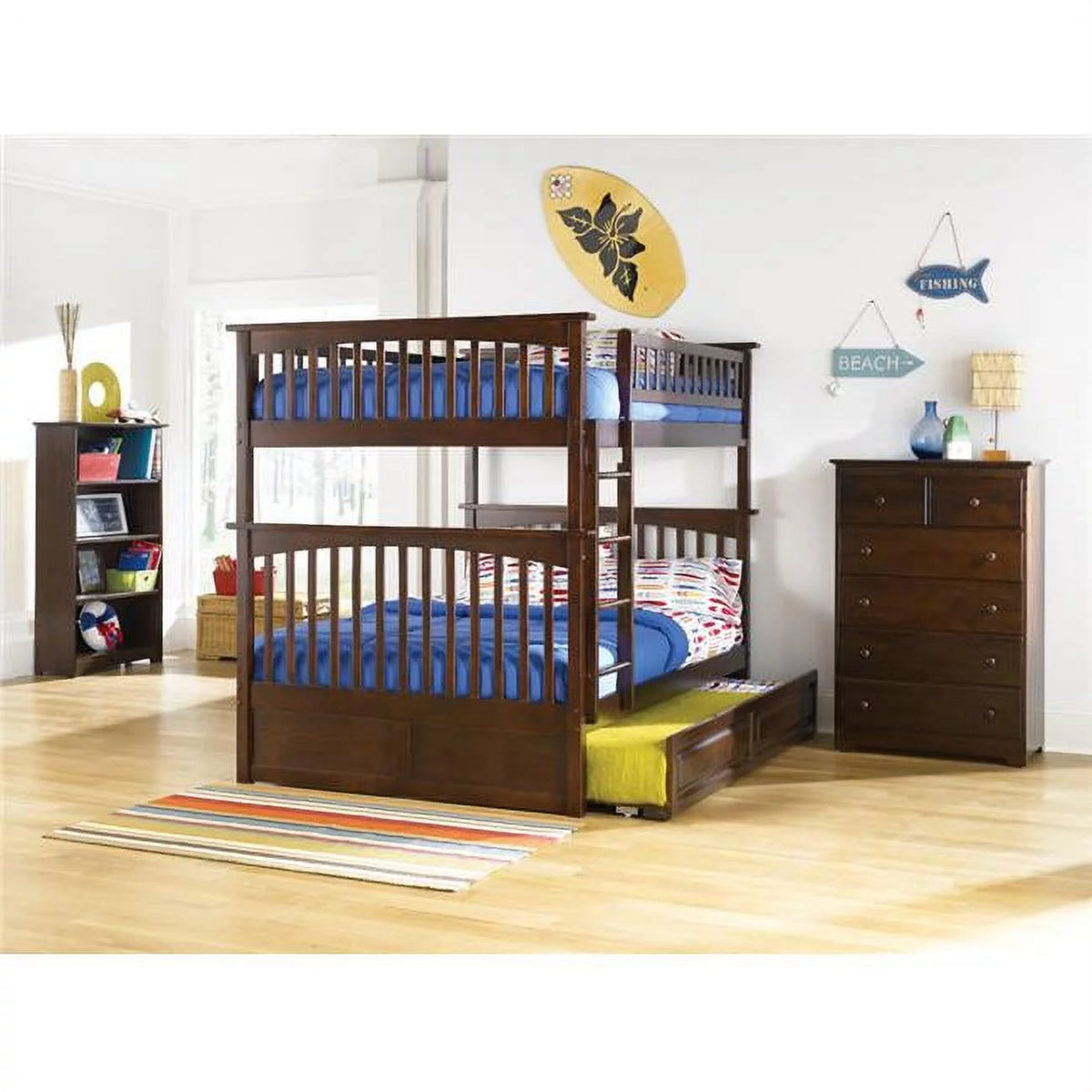 Antique Walnut Full Over Full Size Bunkbed with Trundle Bed D9797