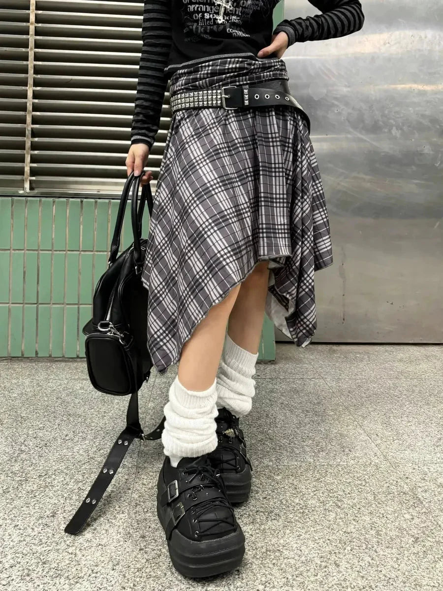 Checked Irregular Hem Midi Skirt O260947