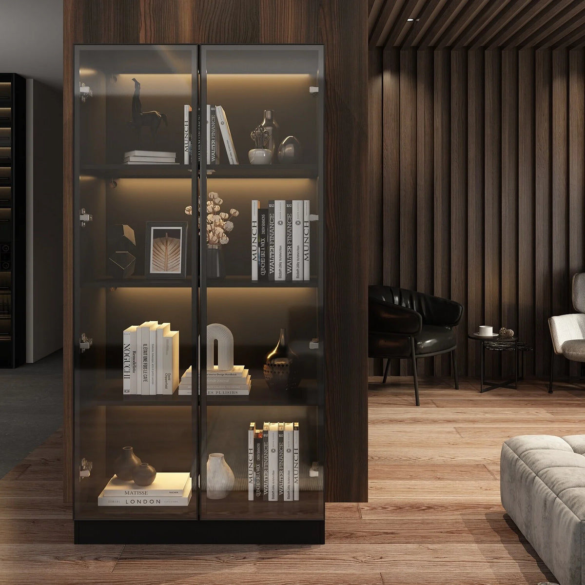 Black Glass Wood Display Cabinet with 4 Shelves A231307