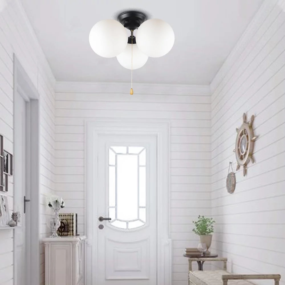 Modern Pull Chain Ceiling Light Fixture with White Glass Shades, Black Metal 3-Light B5294