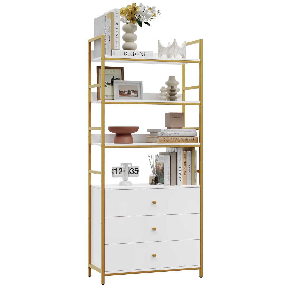 4 Tier Gold Bookcase with 3 Drawers Q28364