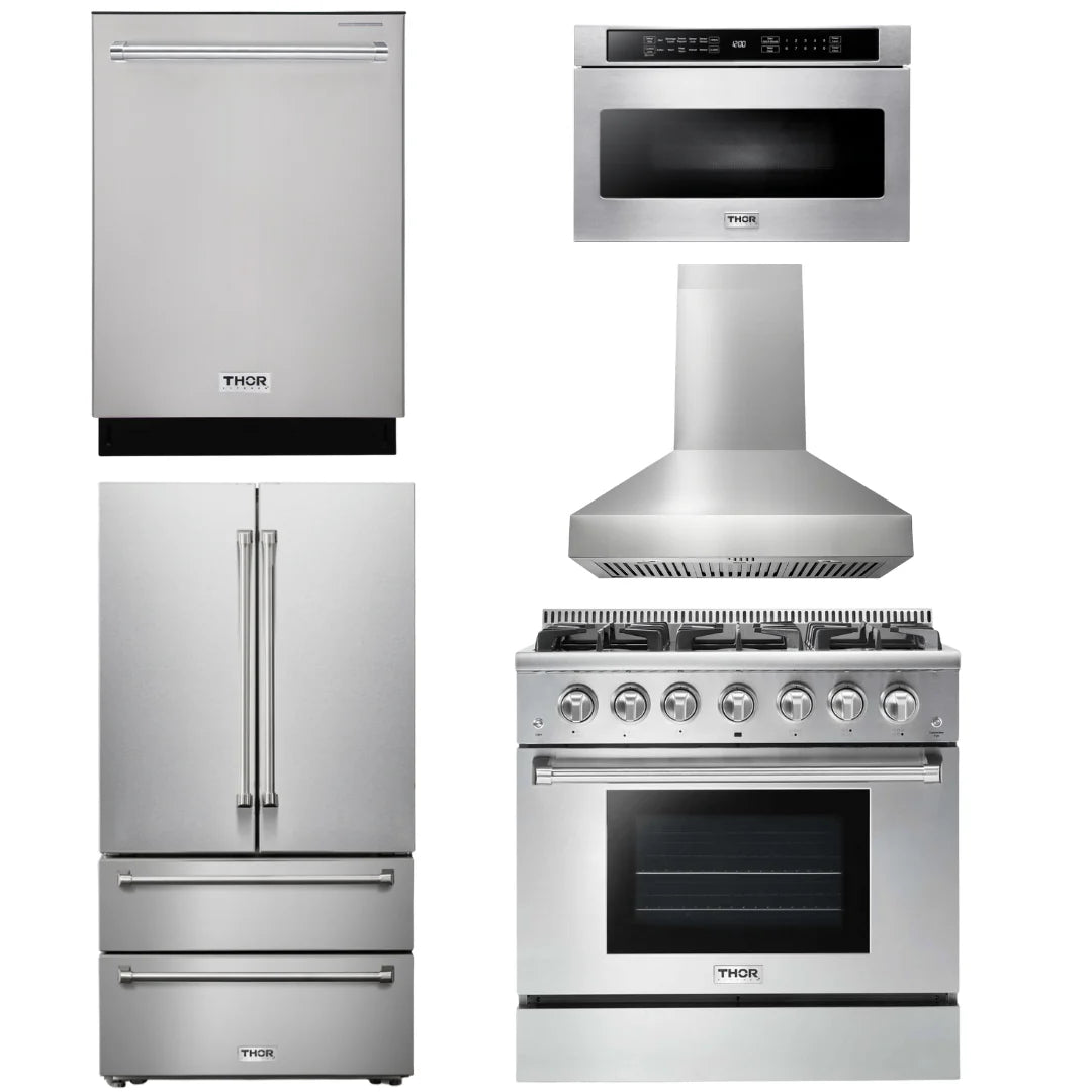 36 Gas Range, Range Hood, Microwave, Refrigerator, Dishwasher W5350