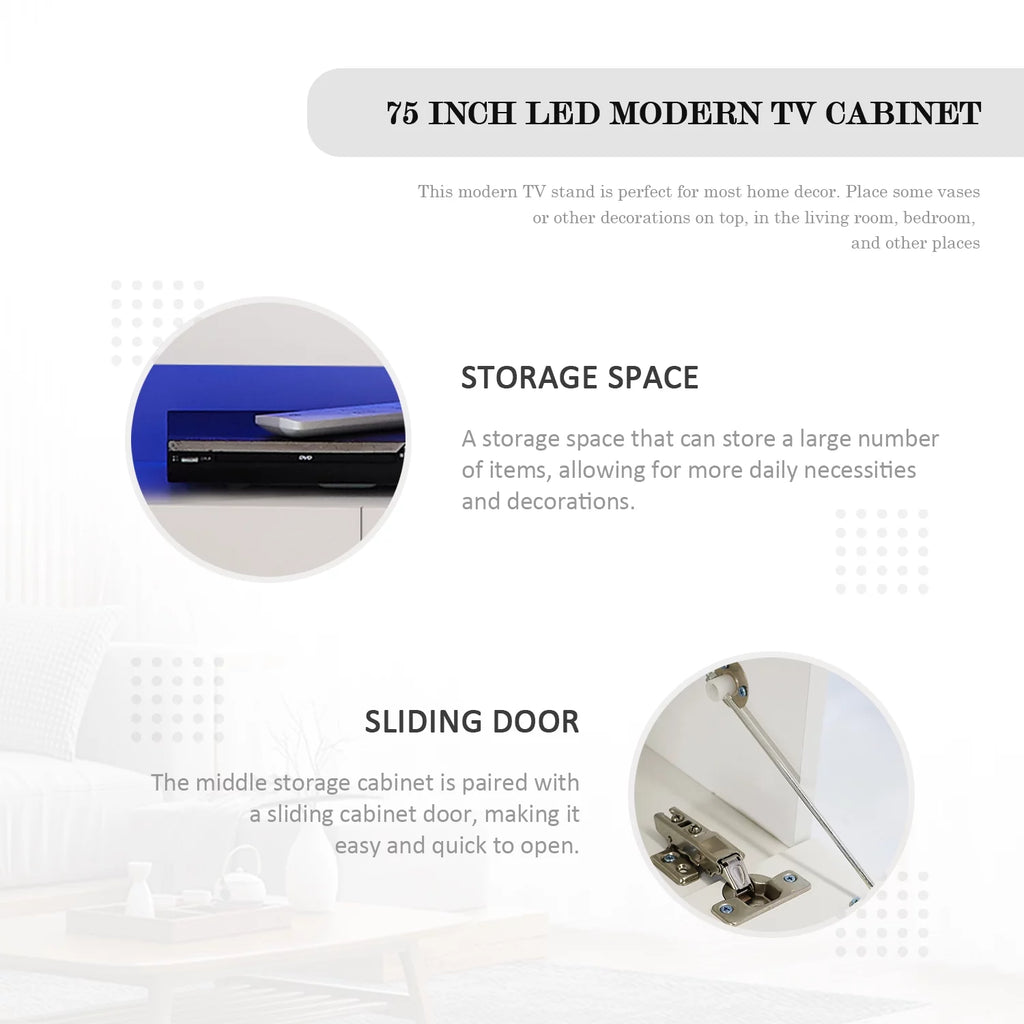 White Solid Wood TV Stand with LED Lights and Storage Drawer U4349