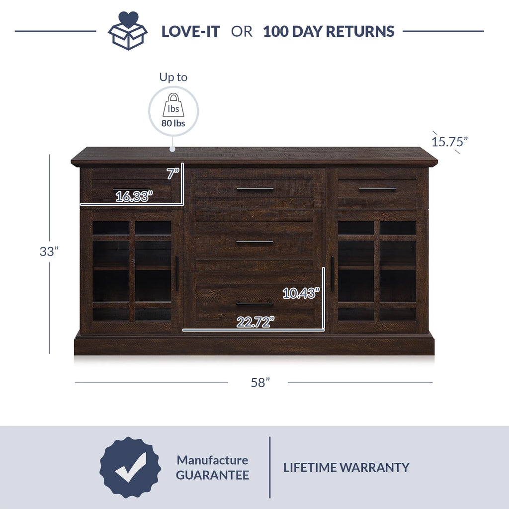 Espresso Sideboard Buffet Console Table with Drawers and Adjustable Shelves T3239