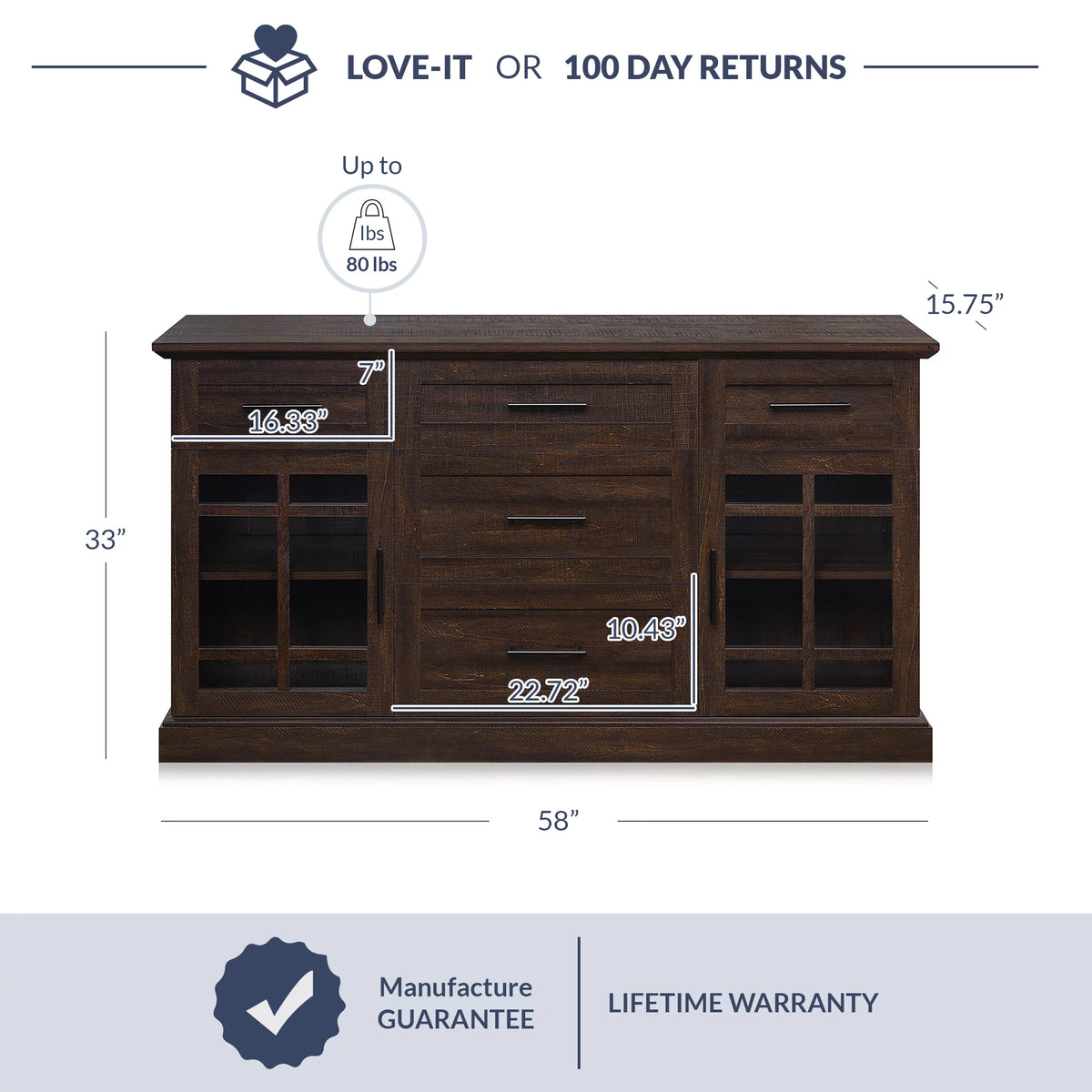 Espresso Sideboard Buffet Console Table with Drawers and Adjustable Shelves T3239