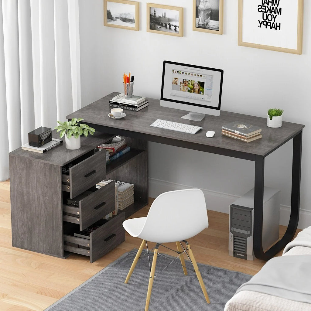 55-inch L Shaped Office Computer Desk with Drawers Grey A143