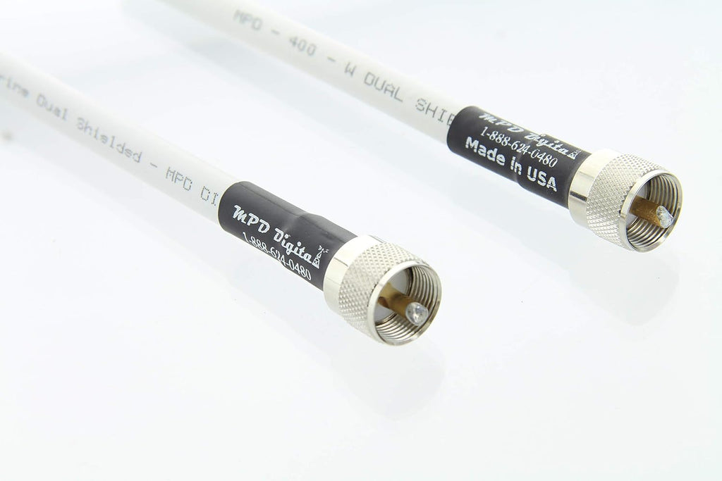 White 50 ohm Coaxial Cable with UHF PL259 Male Crimp Connectors, 25 ft Pack of 2 G48611