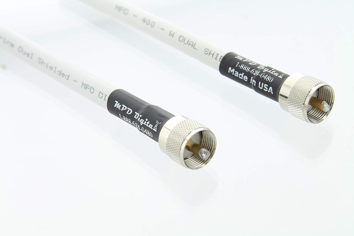 White 50 ohm Coaxial Cable with UHF PL259 Male Crimp Connectors, 25 ft Pack of 2 G48611