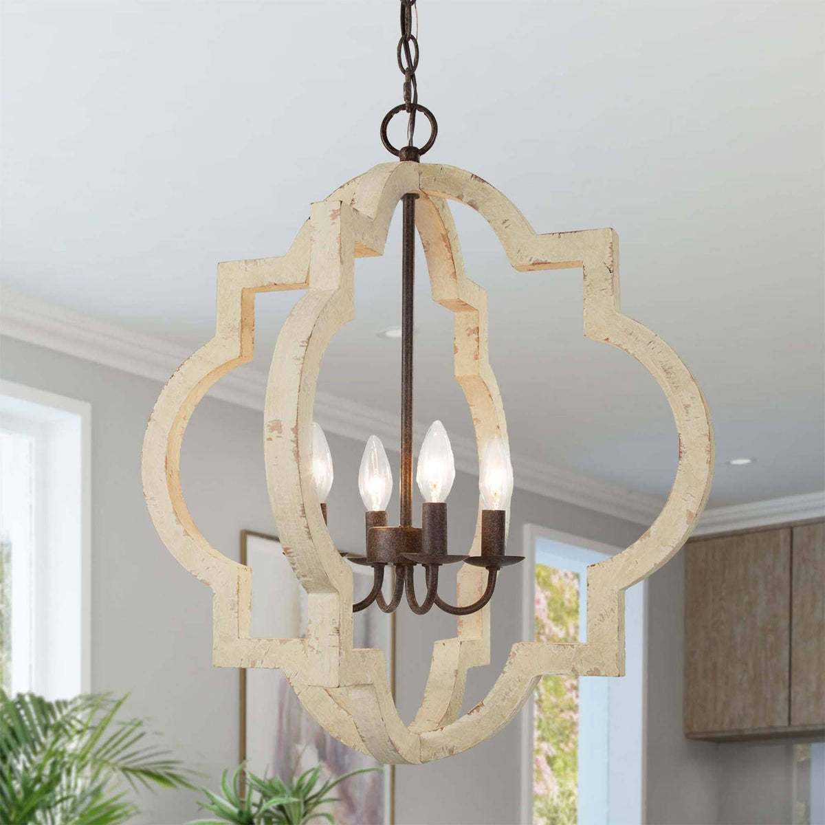 4-Light Weathered White Lantern Candle Chandelier L393
