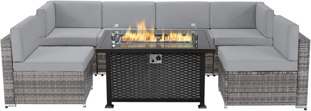 7 Pieces Outdoor Patio Furniture Set with Fire Pit Table J3140