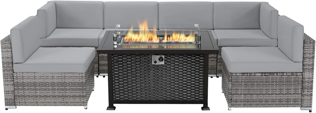 7 Pieces Outdoor Patio Furniture Set with Fire Pit Table J3140