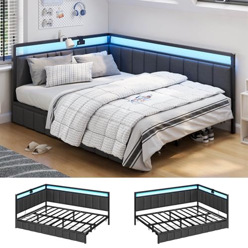 Gray Twin Size Corner Bed Frame with Storage Drawers P87646
