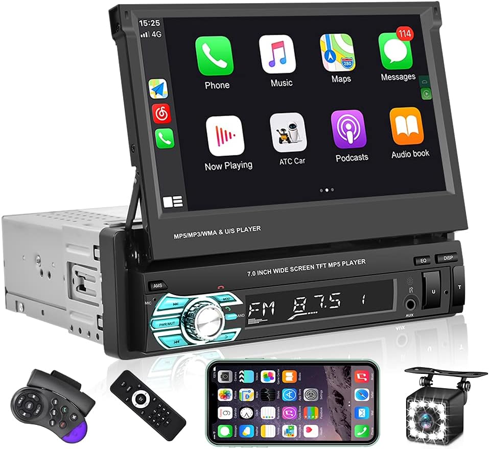 Single Din Car Stereo with CarPlay, 7 Inch Flip Out Touchscreen Car Radio, Bluetooth FM G850