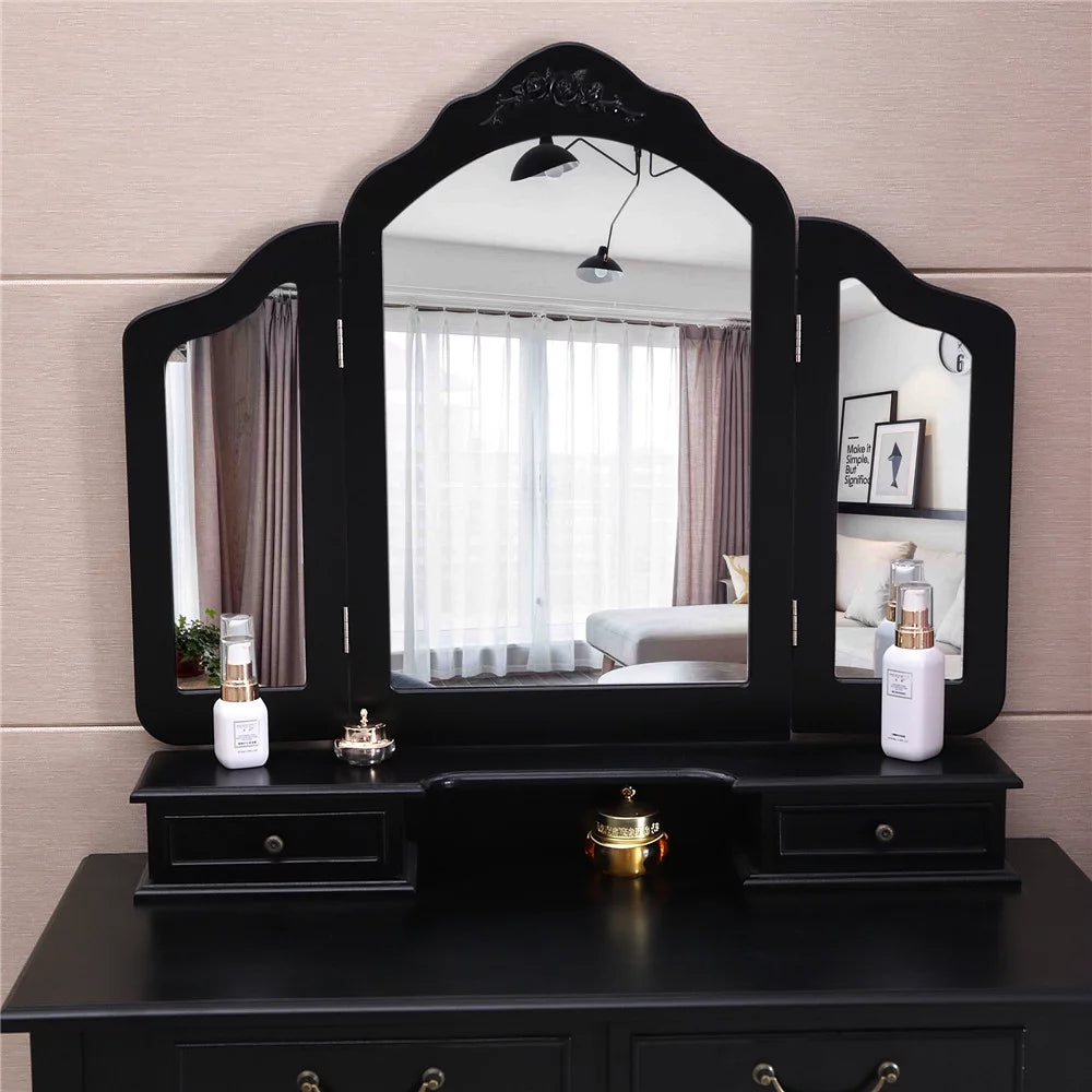 Black Trifold Mirror Vanity Table Set with Cushioned Stool 4 Drawer F359203