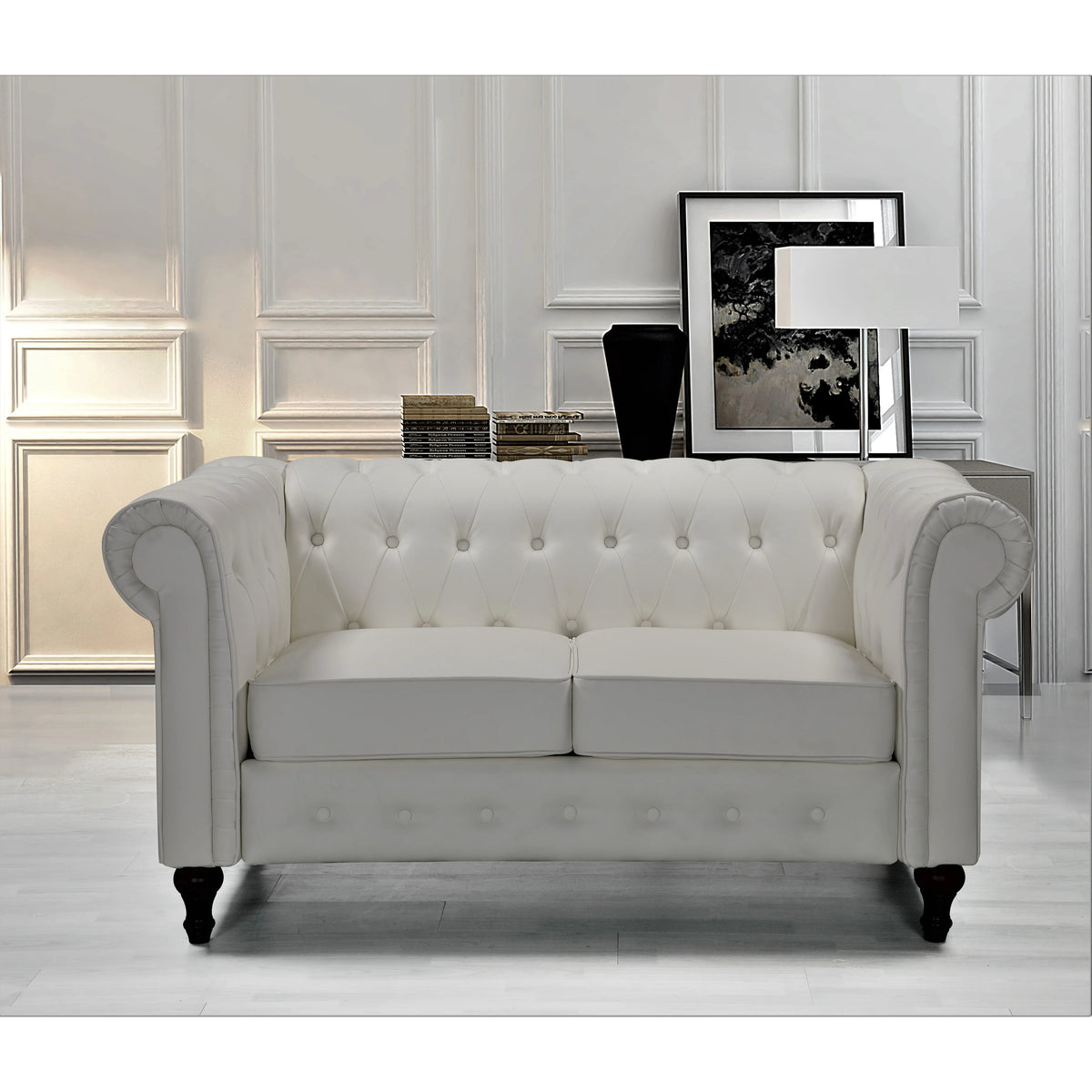 Cream White Velvet Upholstered Loveseat C3329