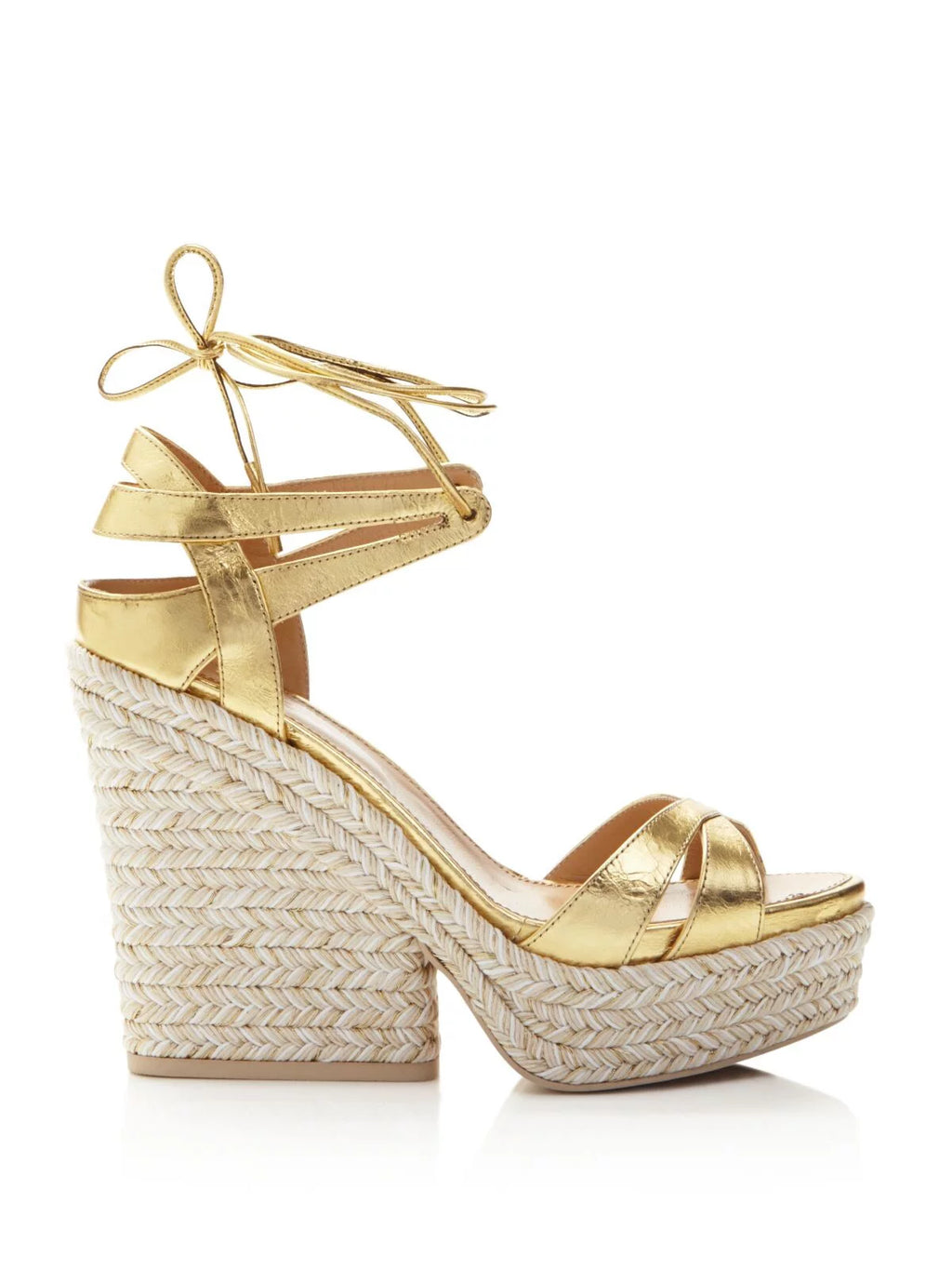 Gold Beige Metallic Strappy Open Toe Platform Lace-Up Espadrille Shoes F46030
