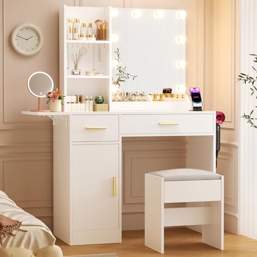 White Vanity Desk with Mirror and Lights, Stool, 5 Drawers and Open Shelves K828