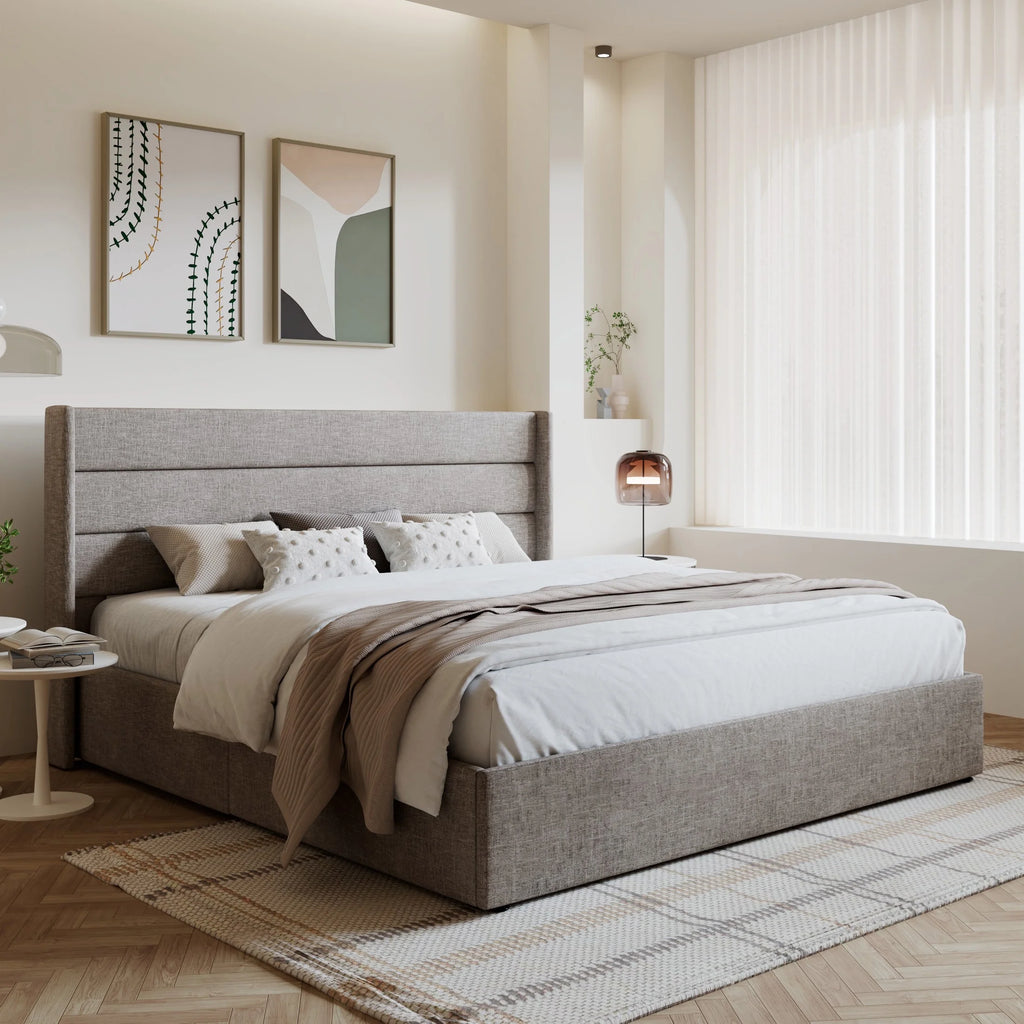 King Size Upholstered Storage Platform Bed Frame with Wingback Headboard T3733