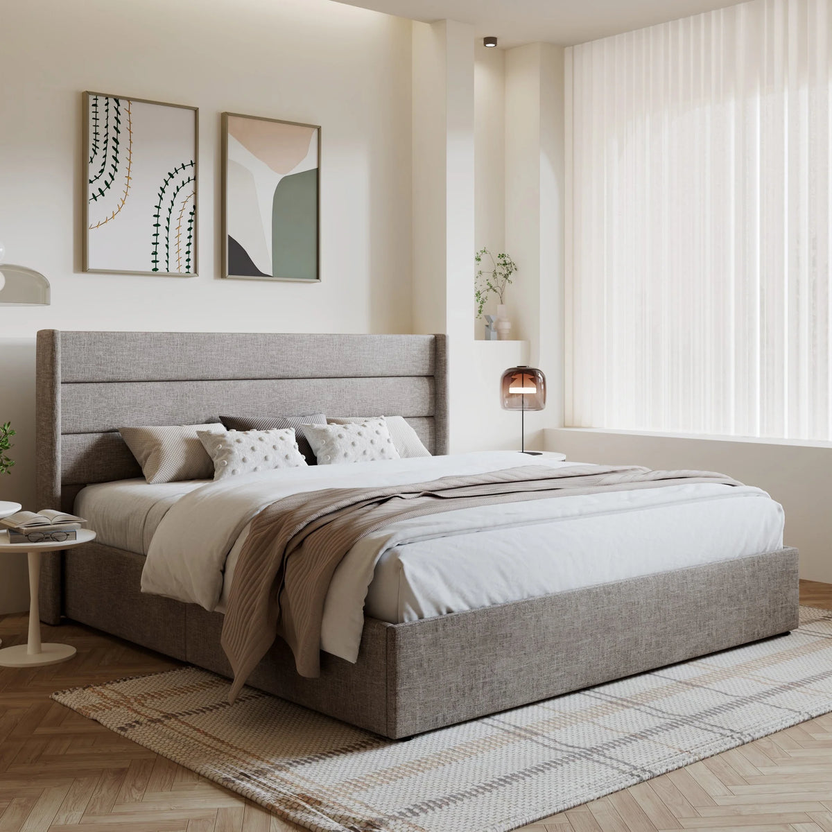 King Size Upholstered Storage Platform Bed Frame with Wingback Headboard T3733