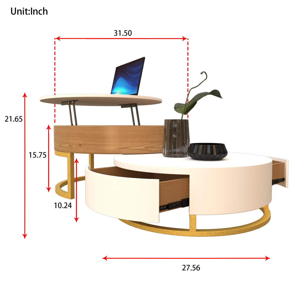 Round Lift-Top Coffee Table Set of 2 Brown White R6720